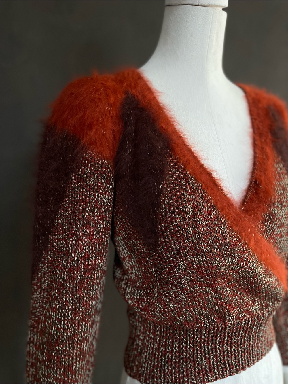 Patterson & Prew Y2K Style Fuzzy Wrap Sweater M Orange Brown Cropped